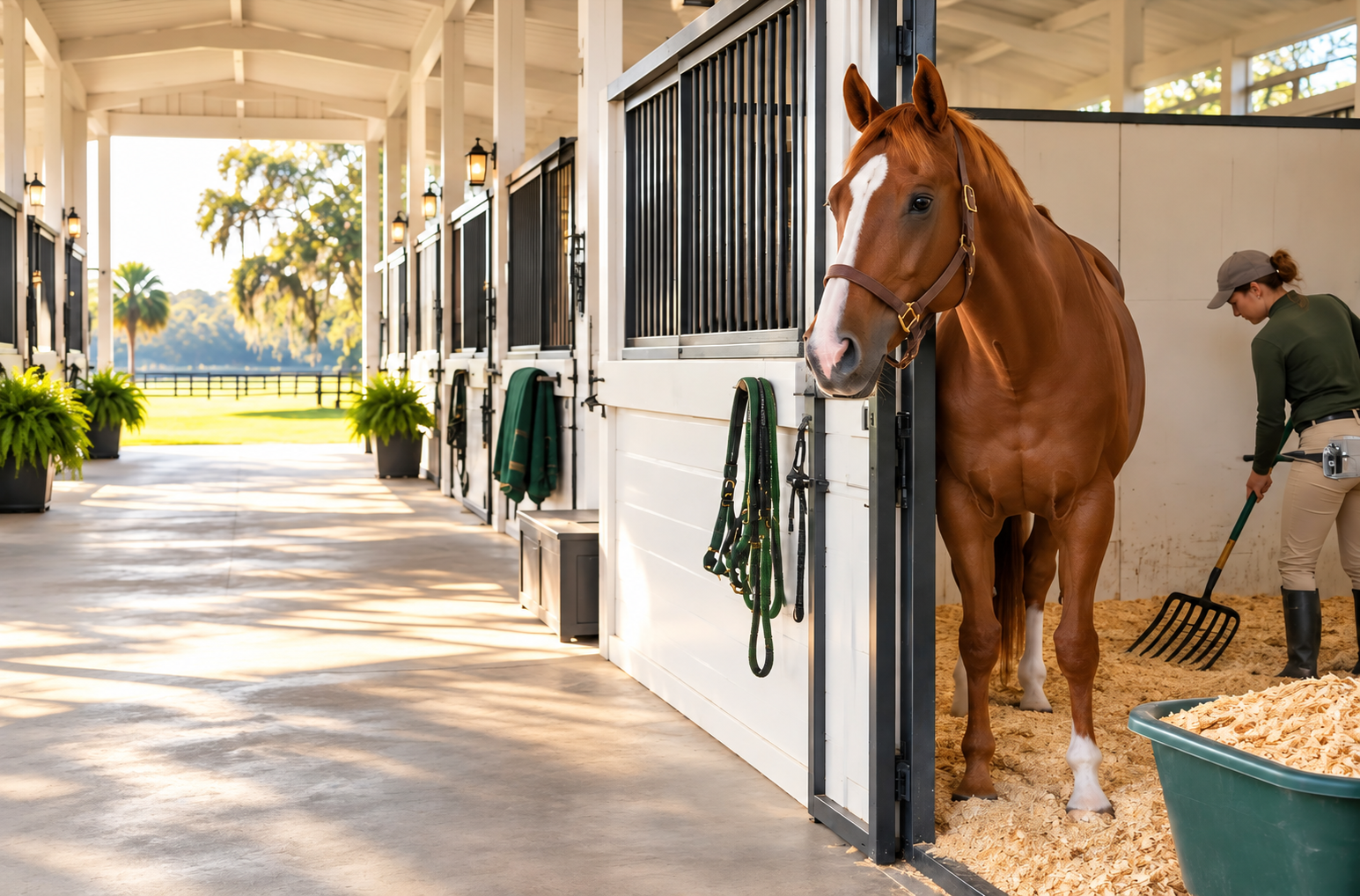 Horse looking out of its stall while a stable hand cleans the bedding in a bright show barn aisle